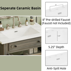 30 Inches Vintage Bathroom Vanity with Sink, Rustic Bathroom Cabinet with Soft Close Doors and Adjustable Shelf, Curved Profile Design, Rubber Wood Legs, Gray