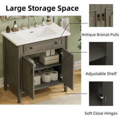 30 Inches Vintage Bathroom Vanity with Sink, Rustic Bathroom Cabinet with Soft Close Doors and Adjustable Shelf, Curved Profile Design, Rubber Wood Legs, Gray