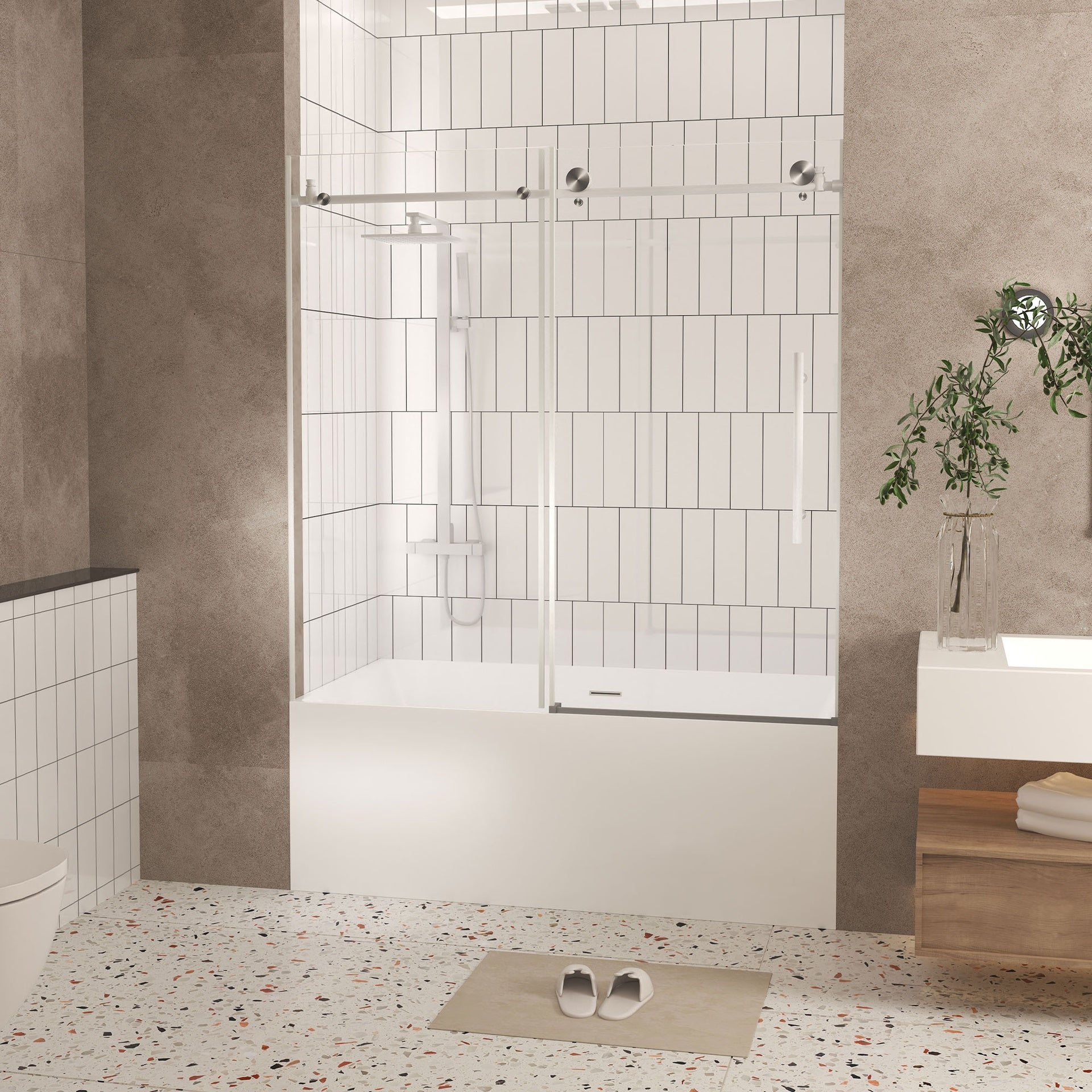 Frameless shower door 56-60 "W x 60" H, 1/4 "(6 mm) Clear Tempered Glass, Explosion Proof Film, Stainless Steel Handle,Brushed Nickel