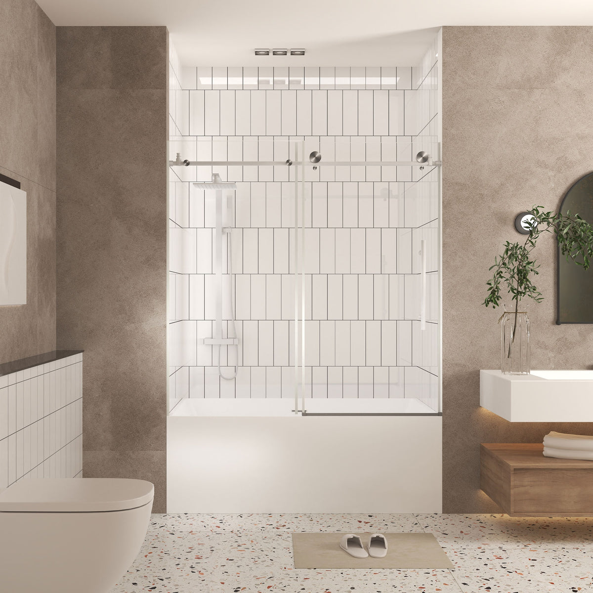 Frameless shower door 56-60 "W x 60" H, 1/4 "(6 mm) Clear Tempered Glass, Explosion Proof Film, Stainless Steel Handle,Brushed Nickel