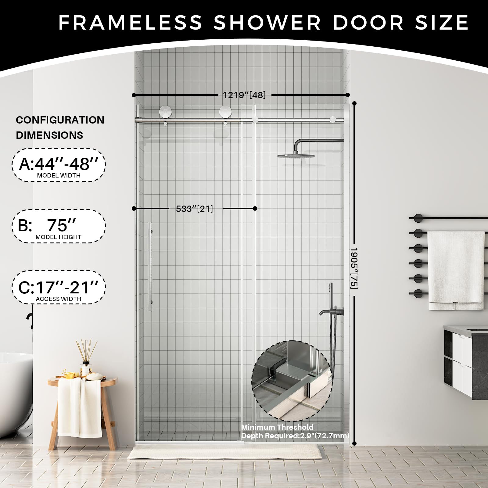 Frameless Shower Door, 44-48 in W x 75 in H,Sliding Shower Door with 5/16"(8mm) Clear Tempered Glass Shower Door,Explosion-Proof Film Nano Coating,Easy to Clean,Brushed Nickel