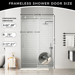 Frameless Shower Door, 44-48 in W x 75 in H,Sliding Shower Door with 5/16"(8mm) Clear Tempered Glass Shower Door,Explosion-Proof Film Nano Coating,Easy to Clean,Brushed Nickel