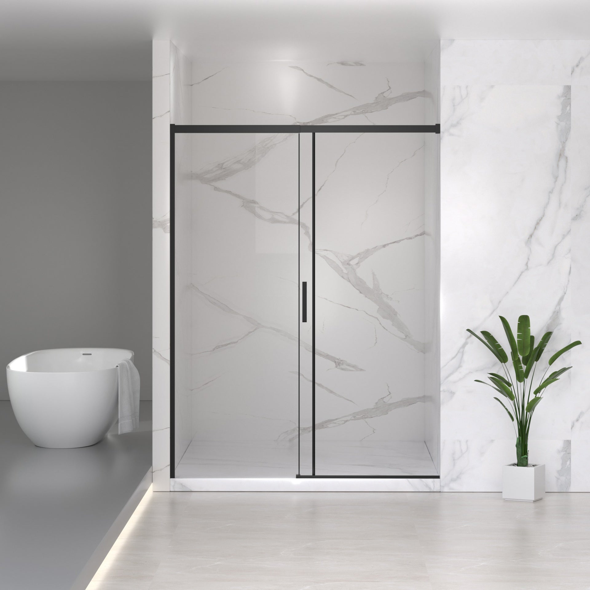 56-60" W x 74" H Semi-Frameless Sliding Shower Door, 1/4" (6mm) Clear SGCC Tempered Glass, Matte Black Finished, Adjustable Width – No Cutting Required