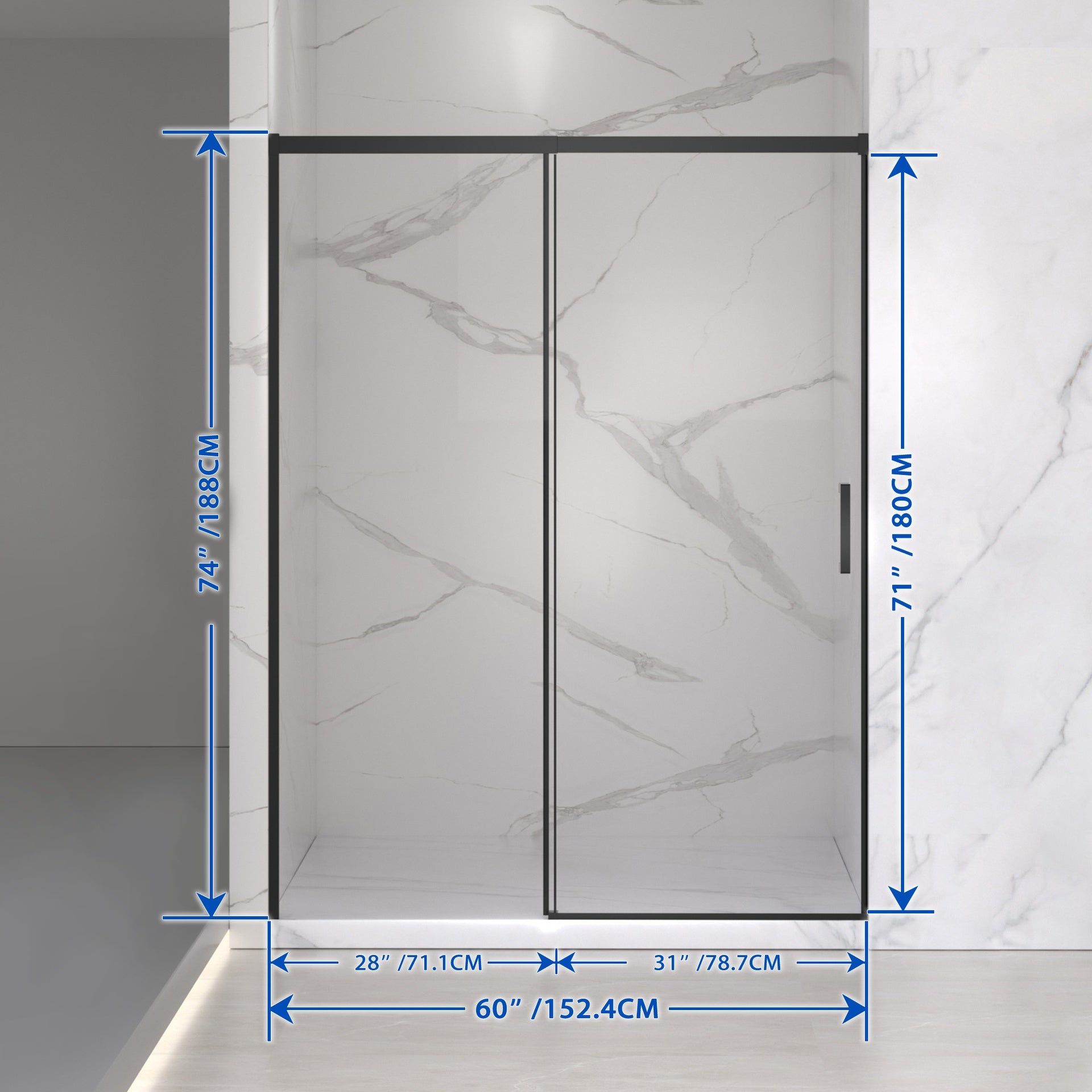 56-60" W x 74" H Semi-Frameless Sliding Shower Door, 1/4" (6mm) Clear SGCC Tempered Glass, Matte Black Finished, Adjustable Width – No Cutting Required