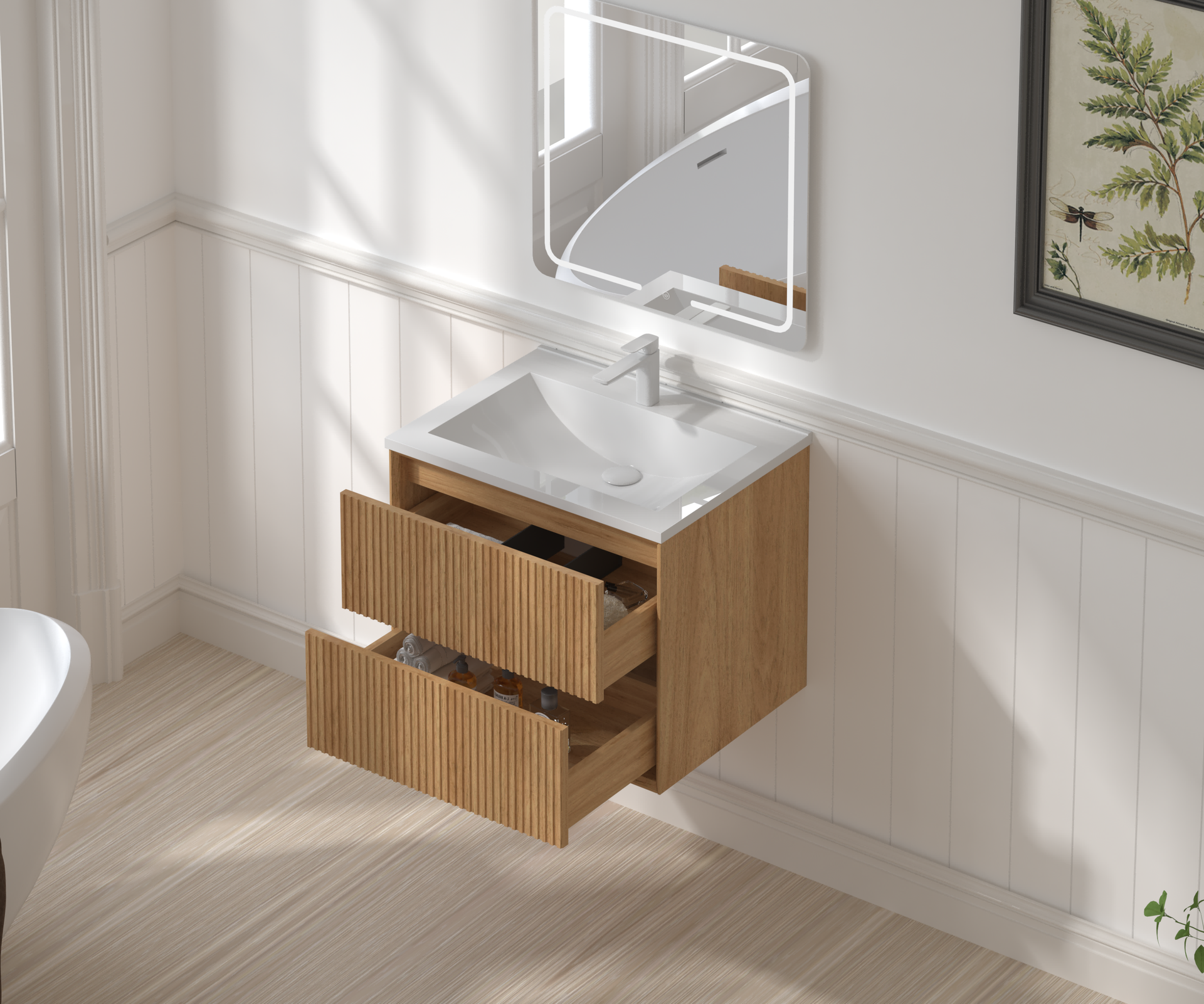 24'' Floating Bathroom Vanity Set, Wall Mounted Solid Wood Bathroom Cabinet with 2 Storage Drawers,White Resin Integrated Basin