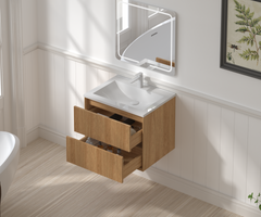 24'' Floating Bathroom Vanity Set, Wall Mounted Solid Wood Bathroom Cabinet with 2 Storage Drawers,White Resin Integrated Basin