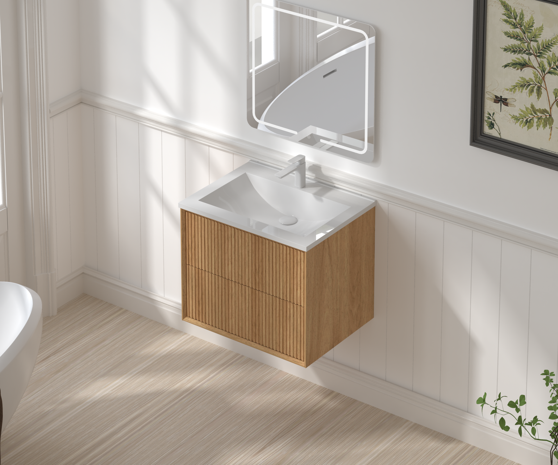 24'' Floating Bathroom Vanity Set, Wall Mounted Solid Wood Bathroom Cabinet with 2 Storage Drawers,White Resin Integrated Basin