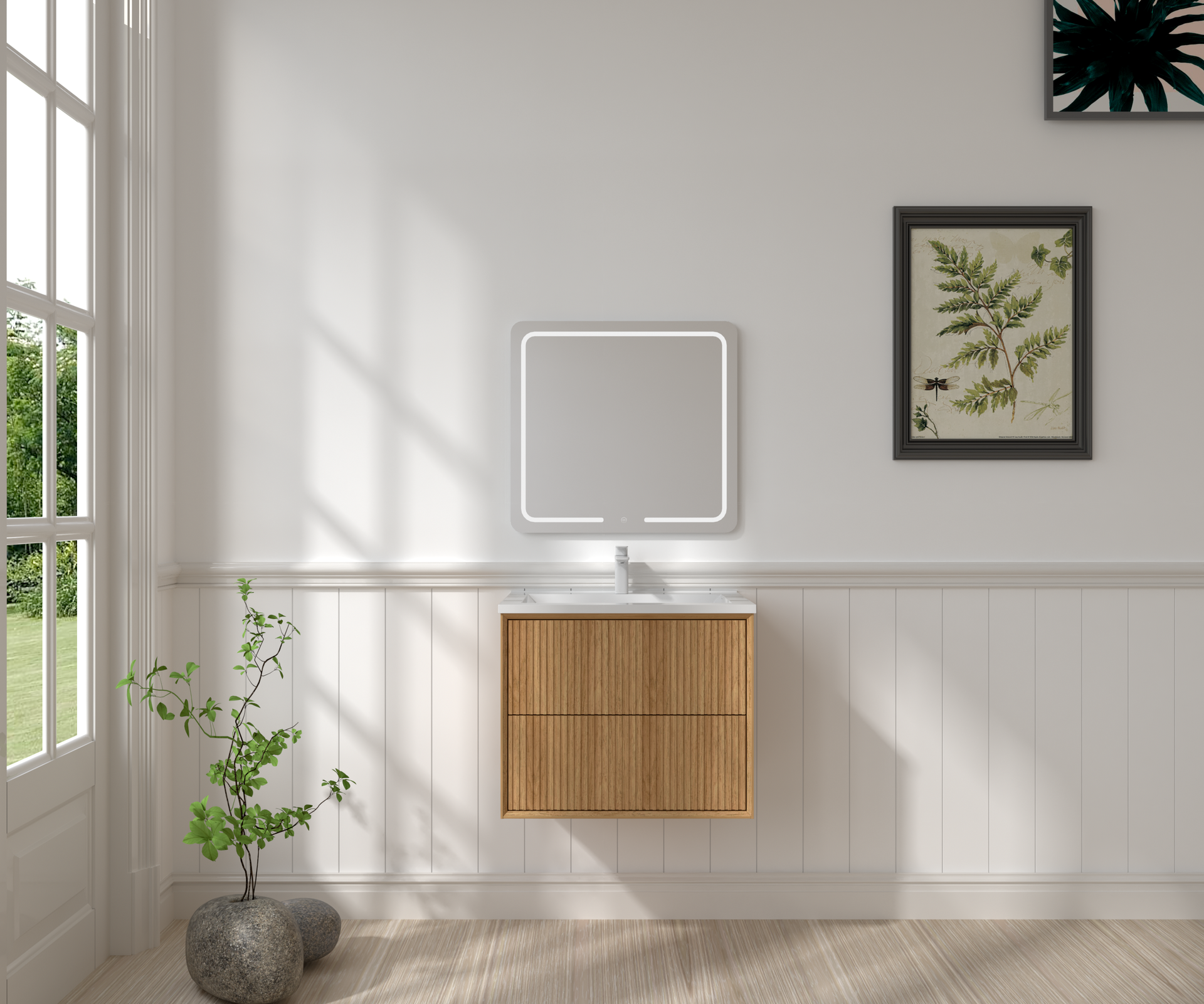 24'' Floating Bathroom Vanity Set, Wall Mounted Solid Wood Bathroom Cabinet with 2 Storage Drawers,White Resin Integrated Basin