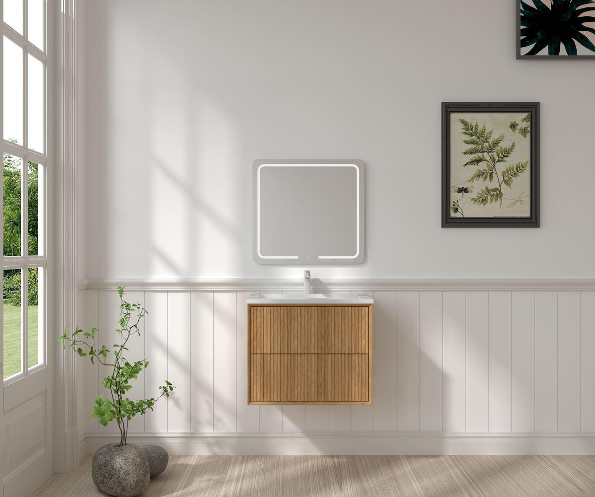 24'' Floating Bathroom Vanity Set, Wall Mounted Solid Wood Bathroom Cabinet with 2 Storage Drawers,White Resin Integrated Basin