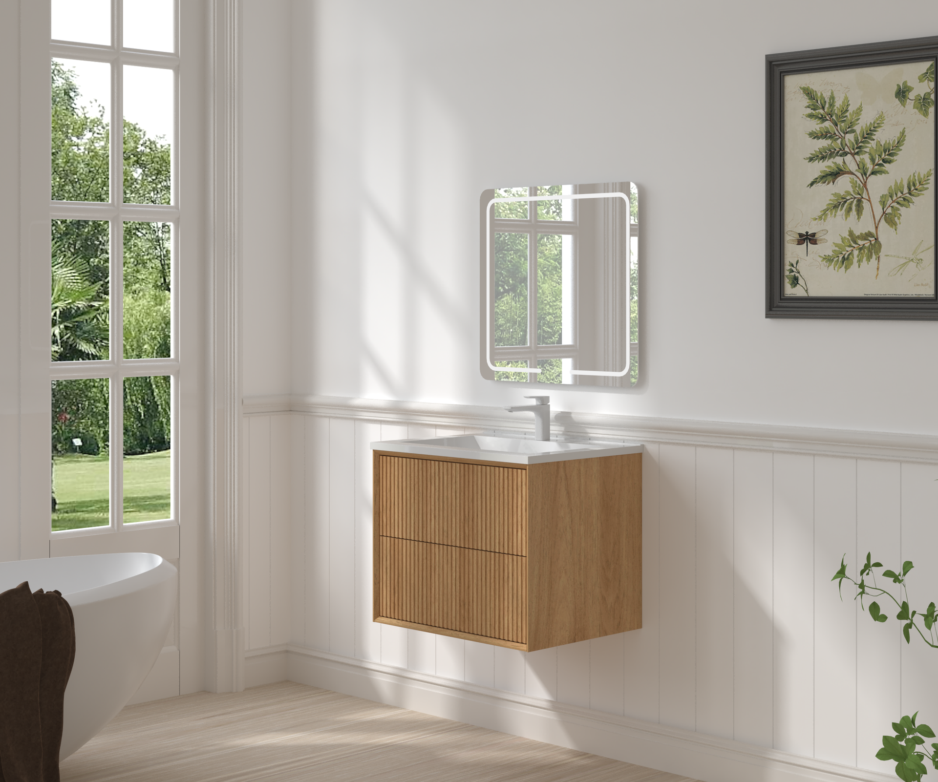 24'' Floating Bathroom Vanity Set, Wall Mounted Solid Wood Bathroom Cabinet with 2 Storage Drawers,White Resin Integrated Basin