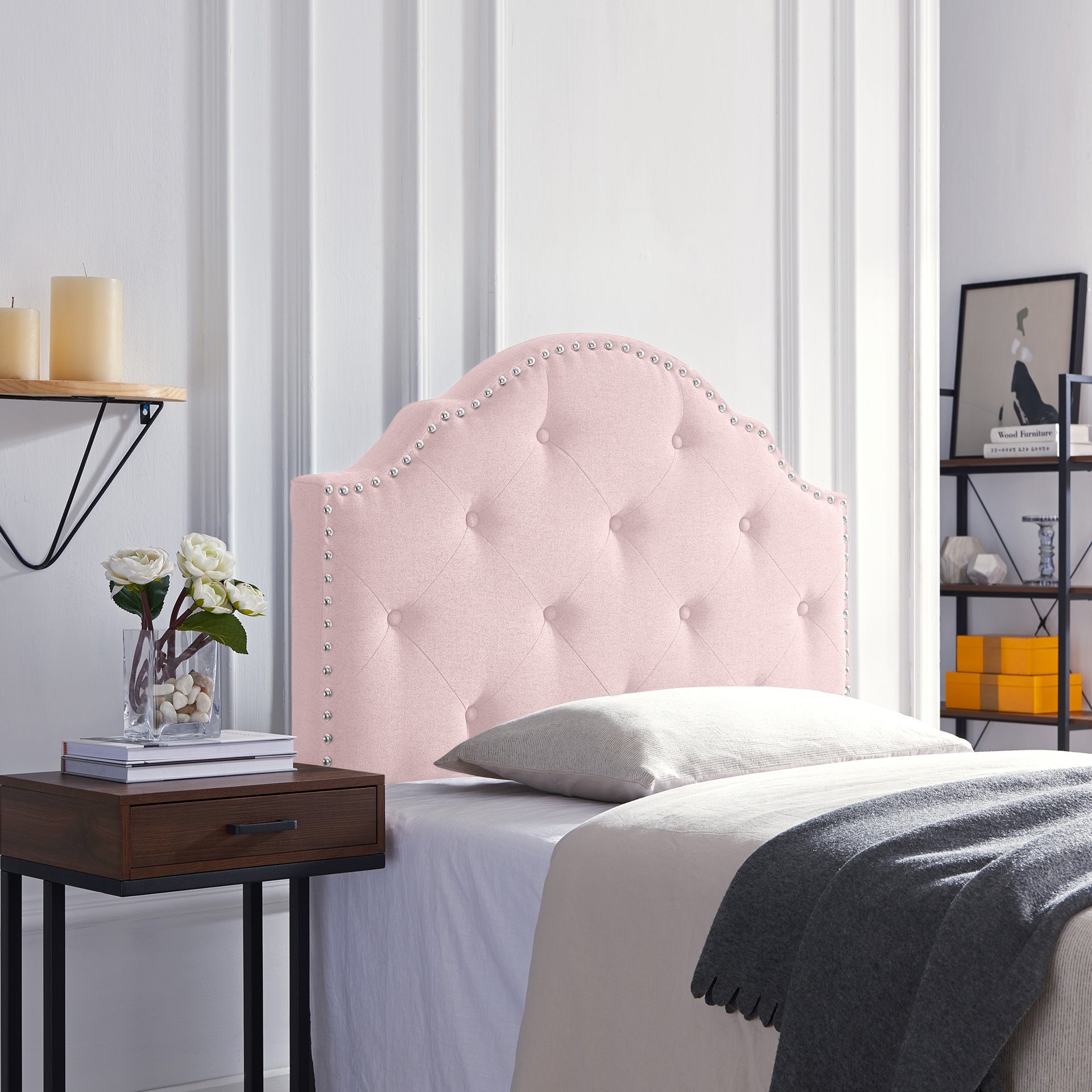 Tufted Upholstered Headboard Twin Size, Solid Wood Head Board with Durable Metal Legs, Adjustable Height Twin headboard with Nailhead Trim,fabric Headboard in Modern Button Tuffted Design