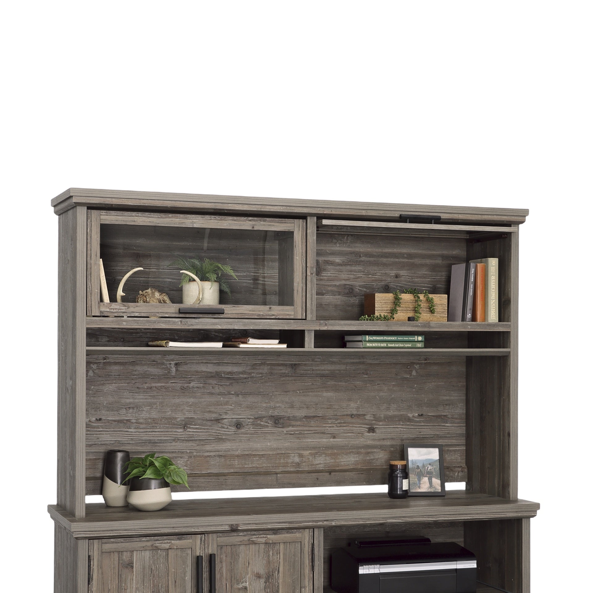 Hutch with Glass Doors, Brown finish