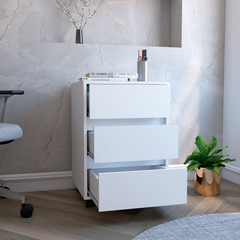 Filing Cabinet, Four Casters, Three Drawers, Top Surface, White