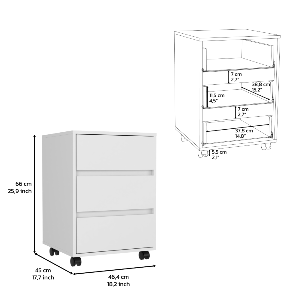 Filing Cabinet, Four Casters, Three Drawers, Top Surface, White