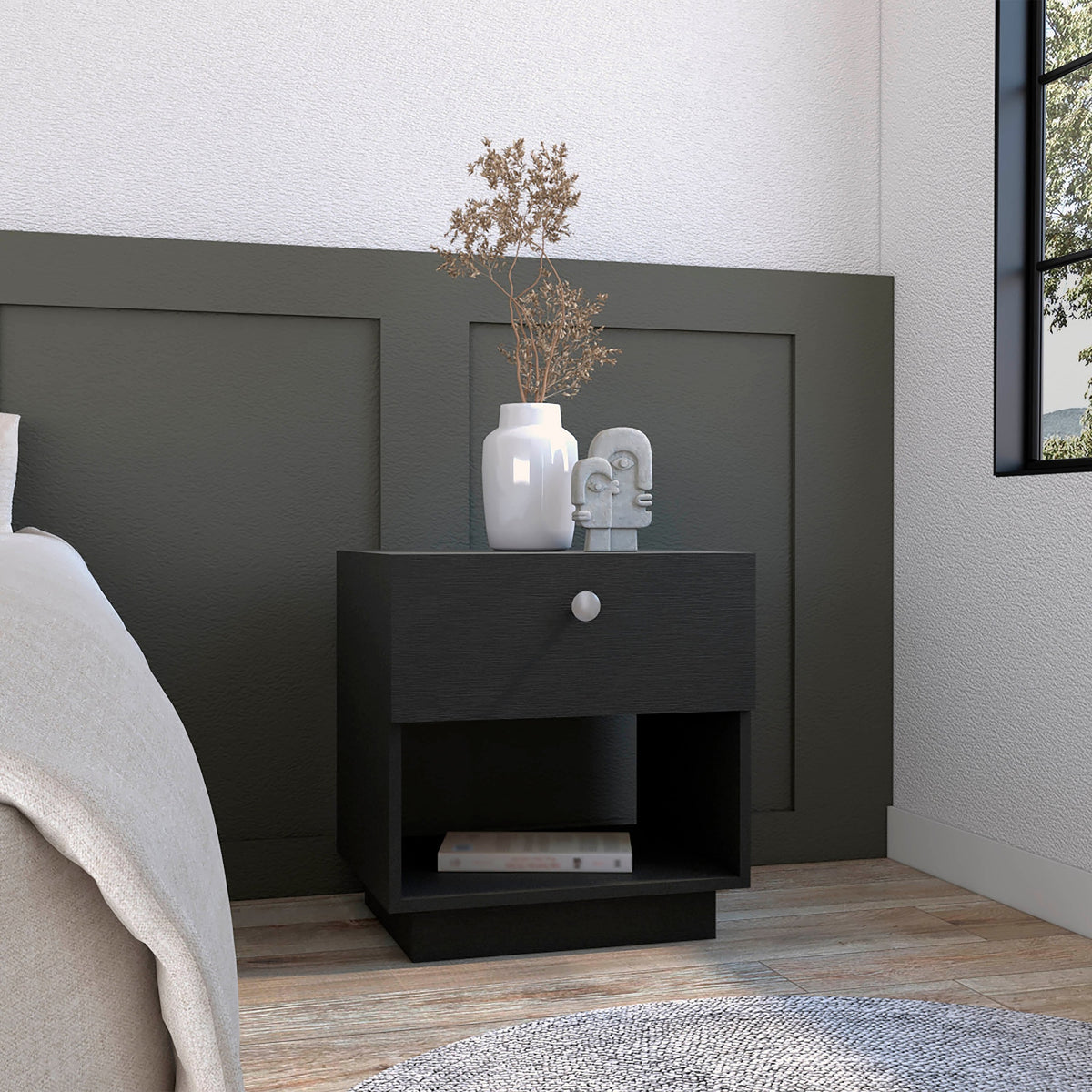 Single Drawer Nightstand 19"H with Open Storage Shelf, Black