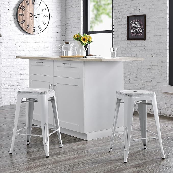 Backless Modern Light Weight Industrial Contemporary Rustic Vintage Costal Metal Bar Stools Without Back and 4 Leg Design (Set of 2) (24" Seat, Distressed White)