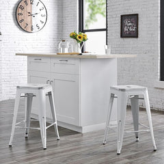 Backless Modern Light Weight Industrial Contemporary Rustic Vintage Costal Metal Bar Stools Without Back and 4 Leg Design (Set of 2) (24" Seat, Distressed White)