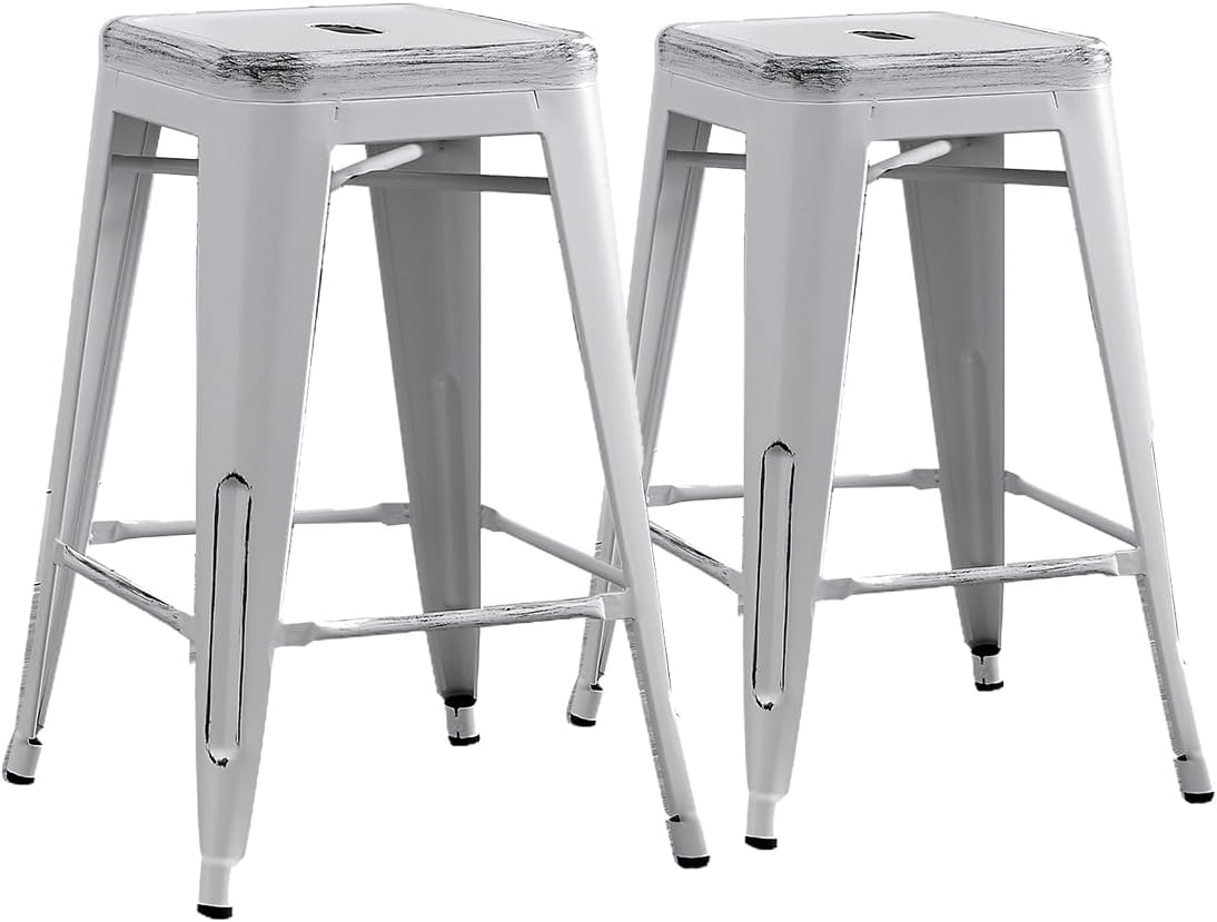 Backless Modern Light Weight Industrial Contemporary Rustic Vintage Costal Metal Bar Stools Without Back and 4 Leg Design (Set of 2) (24" Seat, Distressed White)