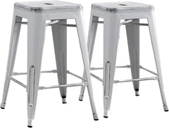 Backless Modern Light Weight Industrial Contemporary Rustic Vintage Costal Metal Bar Stools Without Back and 4 Leg Design (Set of 2) (24" Seat, Distressed White)