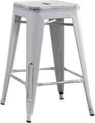Backless Modern Light Weight Industrial Contemporary Rustic Vintage Costal Metal Bar Stools Without Back and 4 Leg Design (Set of 2) (24" Seat, Distressed White)