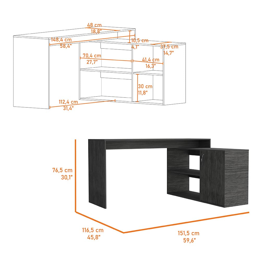 Dallas L-Shaped Home Office Desk, Two Shelves, Single Door Cabinet