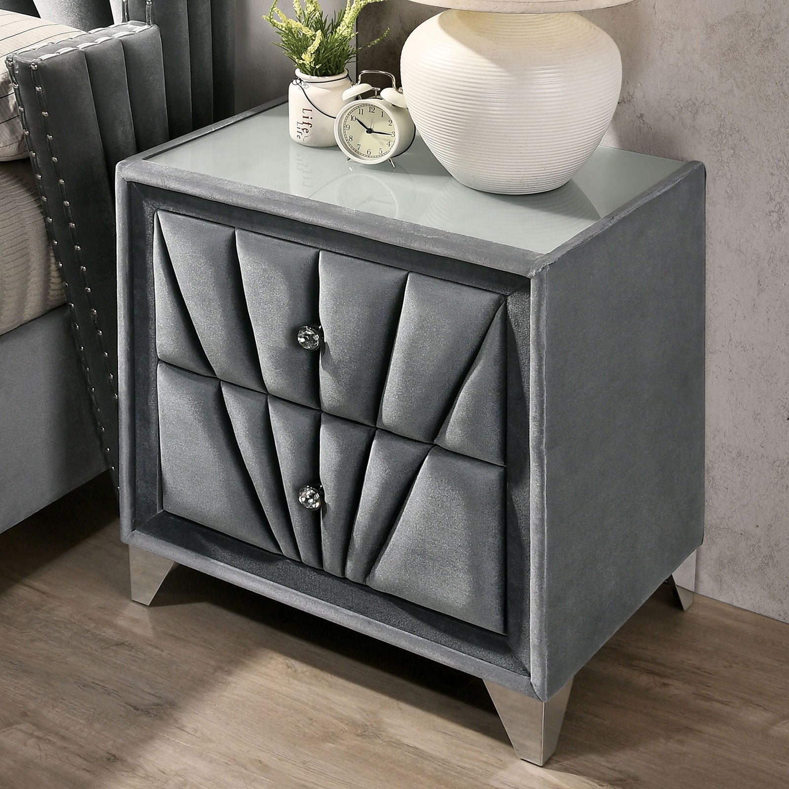 Gorgeous Gray Fabric Fully Upholstered Nightstand 1pc Bedroom Furniture Chrome Legs Bedside Table