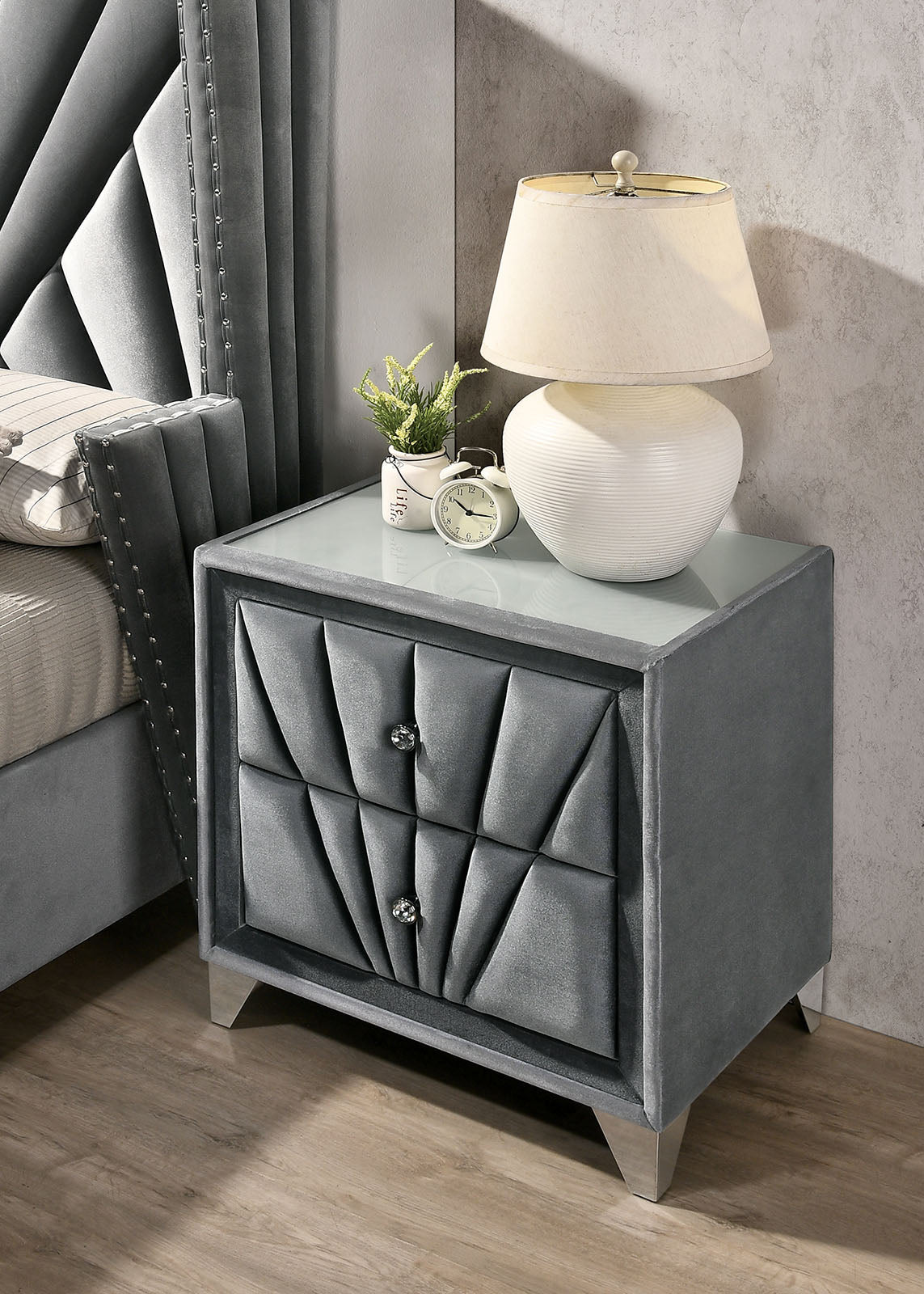Gorgeous Gray Fabric Fully Upholstered Nightstand 1pc Bedroom Furniture Chrome Legs Bedside Table
