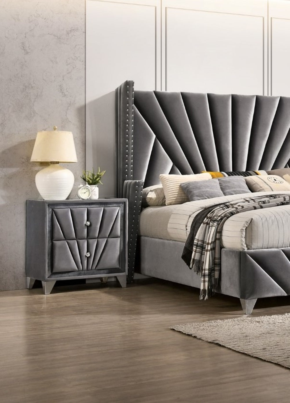 Gorgeous Gray Fabric Fully Upholstered Nightstand 1pc Bedroom Furniture Chrome Legs Bedside Table