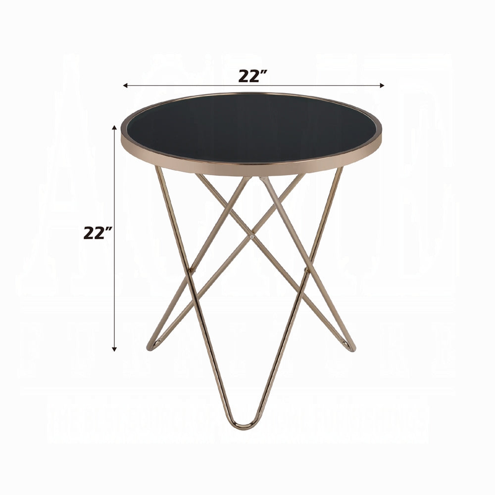 1pc End Table Champagne Finish Frame Round Black Glass Top Mid-Century Modern Design Living Room Furniture