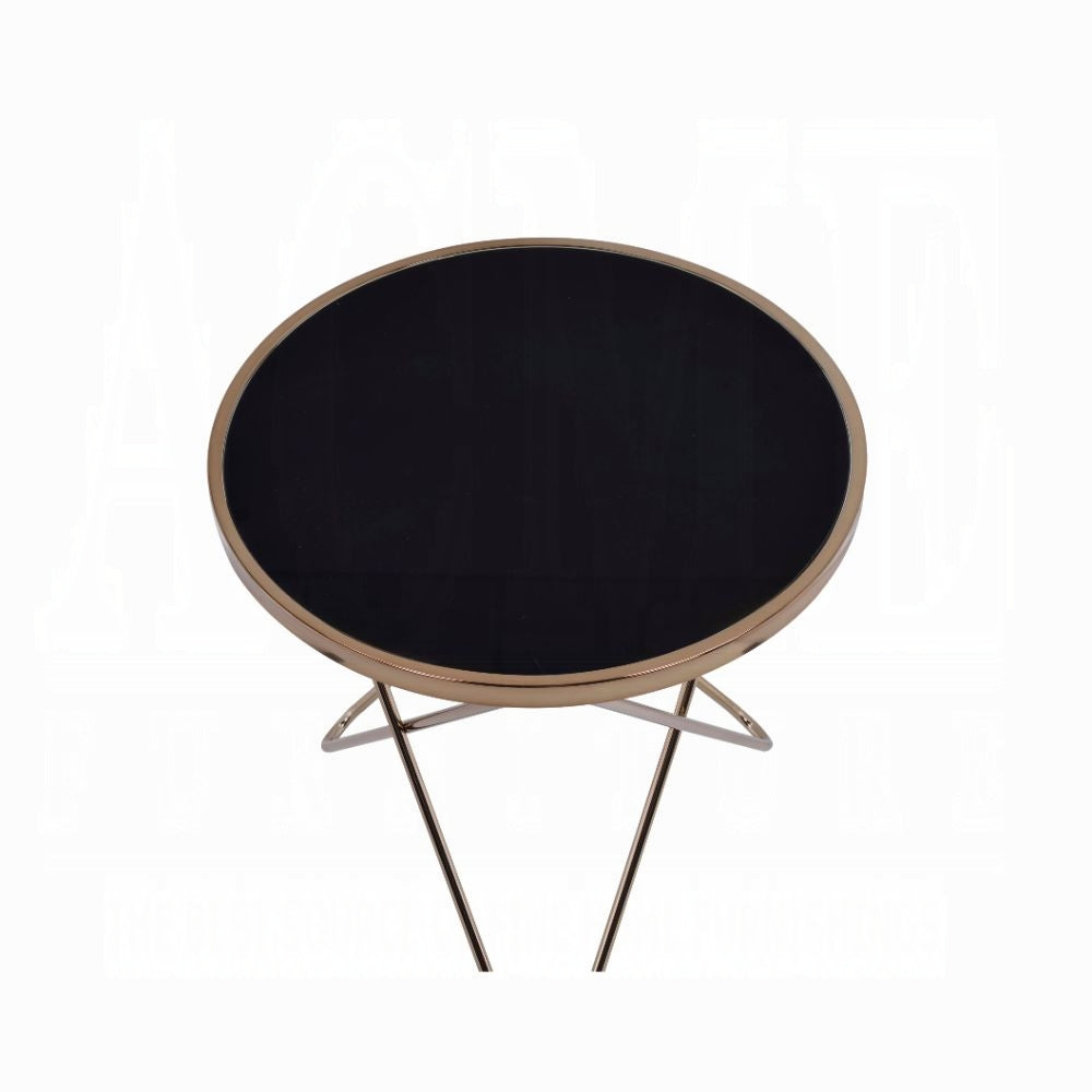 1pc End Table Champagne Finish Frame Round Black Glass Top Mid-Century Modern Design Living Room Furniture