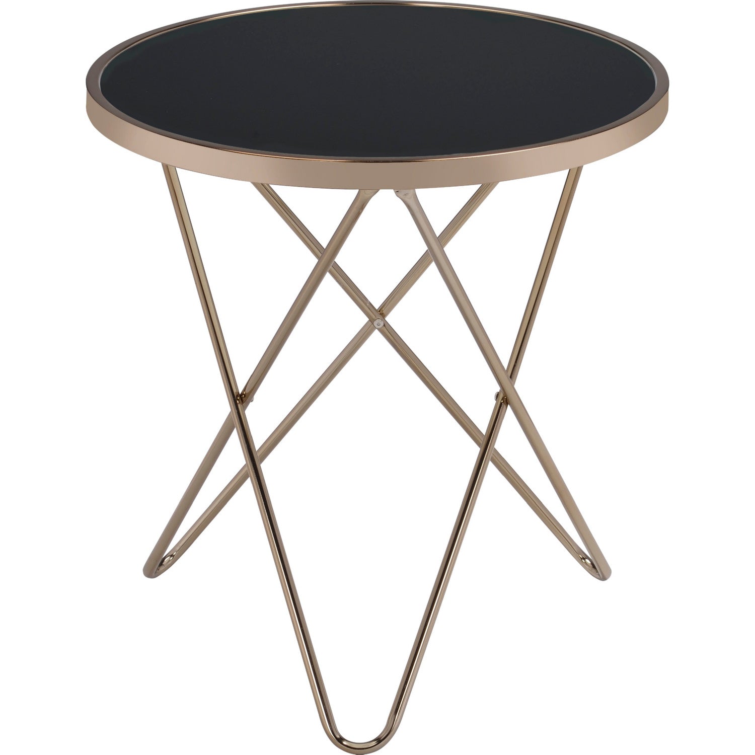 1pc End Table Champagne Finish Frame Round Black Glass Top Mid-Century Modern Design Living Room Furniture