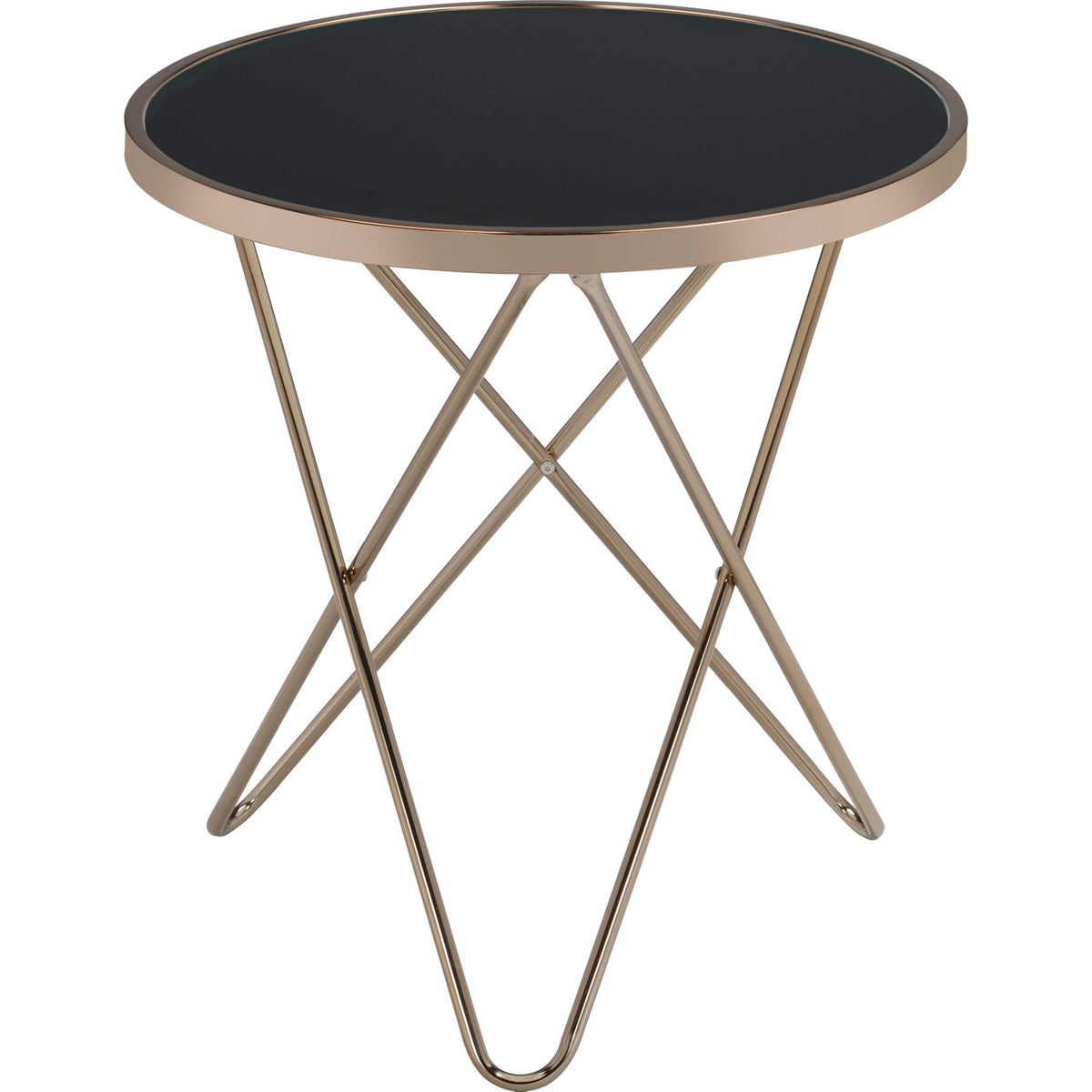 1pc End Table Champagne Finish Frame Round Black Glass Top Mid-Century Modern Design Living Room Furniture