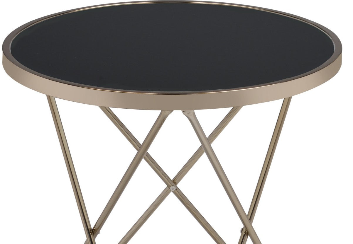 1pc End Table Champagne Finish Frame Round Black Glass Top Mid-Century Modern Design Living Room Furniture
