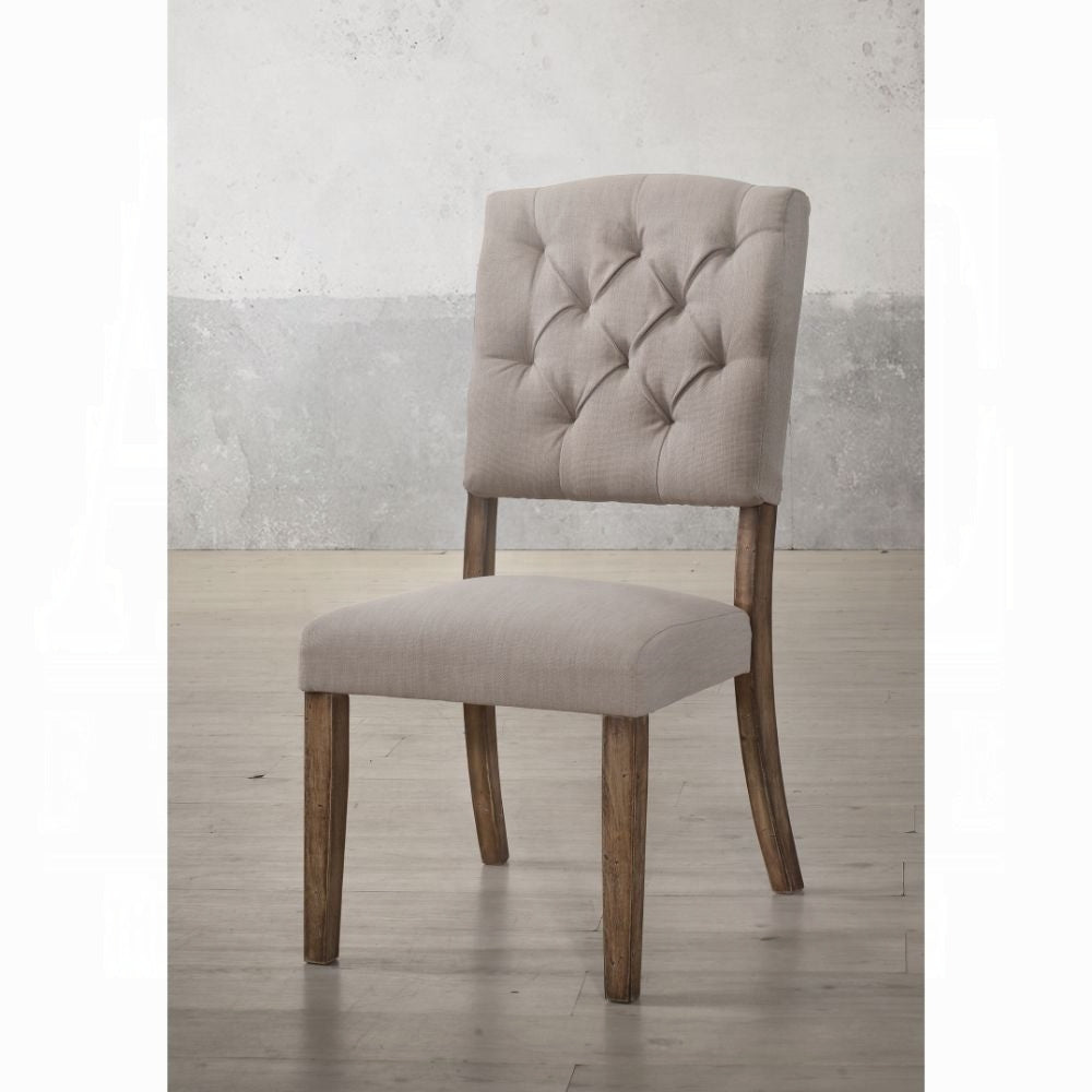 Transitional Dining Chairs Set of 2, Tufted Back Beige Fabric Upholstery Weathered Oak Finish Wooden Dining Furniture