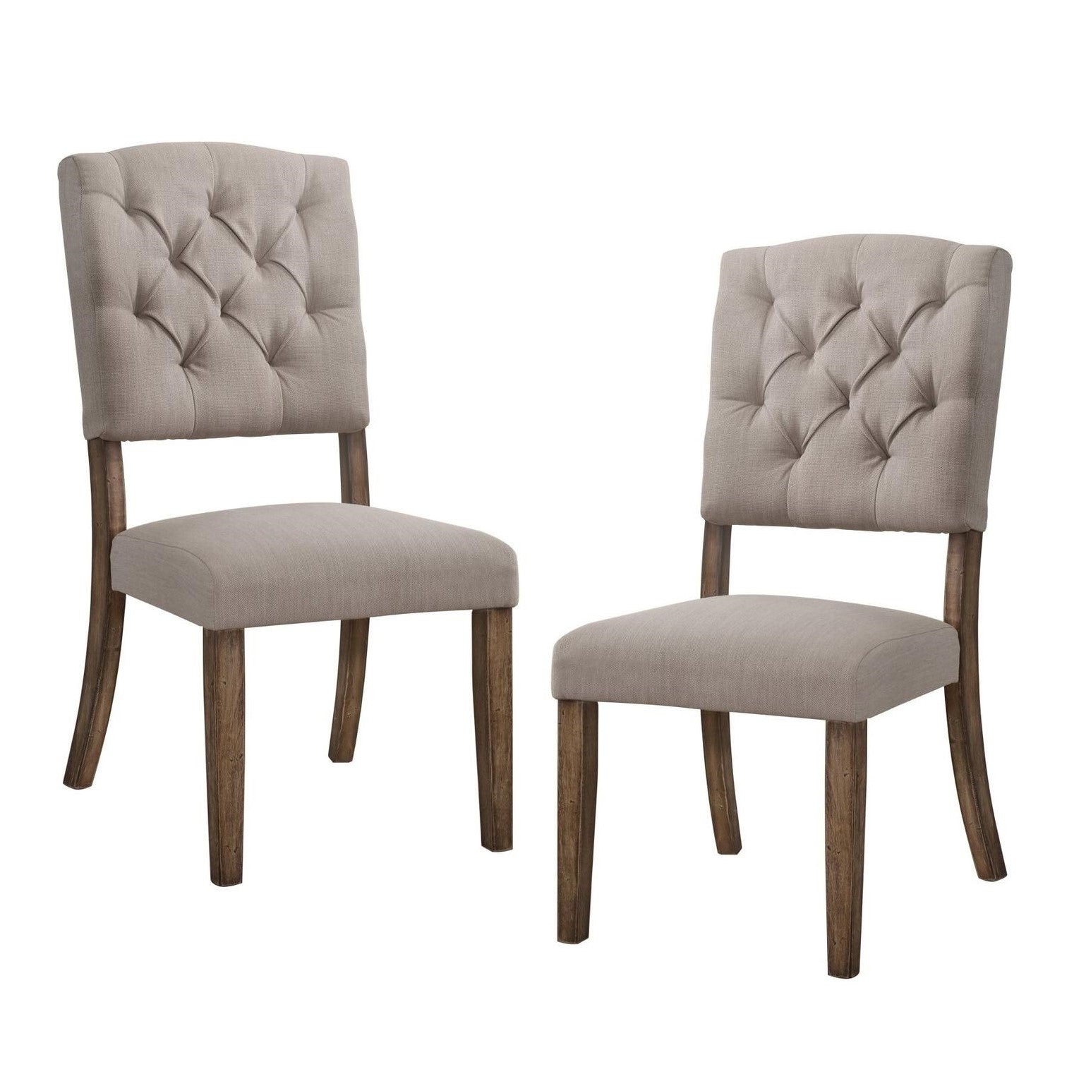 Transitional Dining Chairs Set of 2, Tufted Back Beige Fabric Upholstery Weathered Oak Finish Wooden Dining Furniture