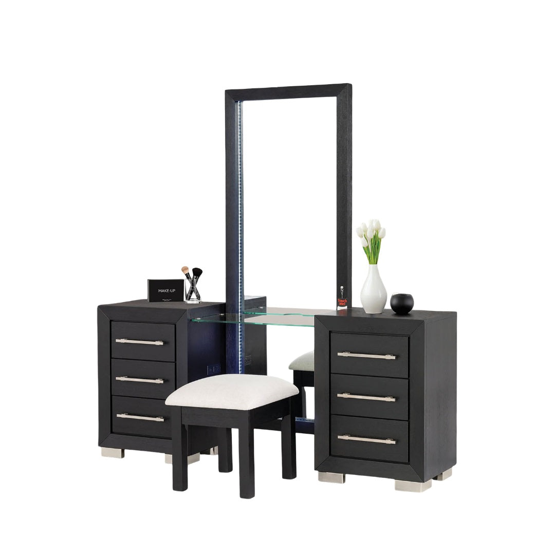 Contemporary Style 1pc Vanity w/ Stool Metal Legs USB Port Ball Bearing Glides Glass Top Full Length Mirror Black Finish Bedroom Furniture