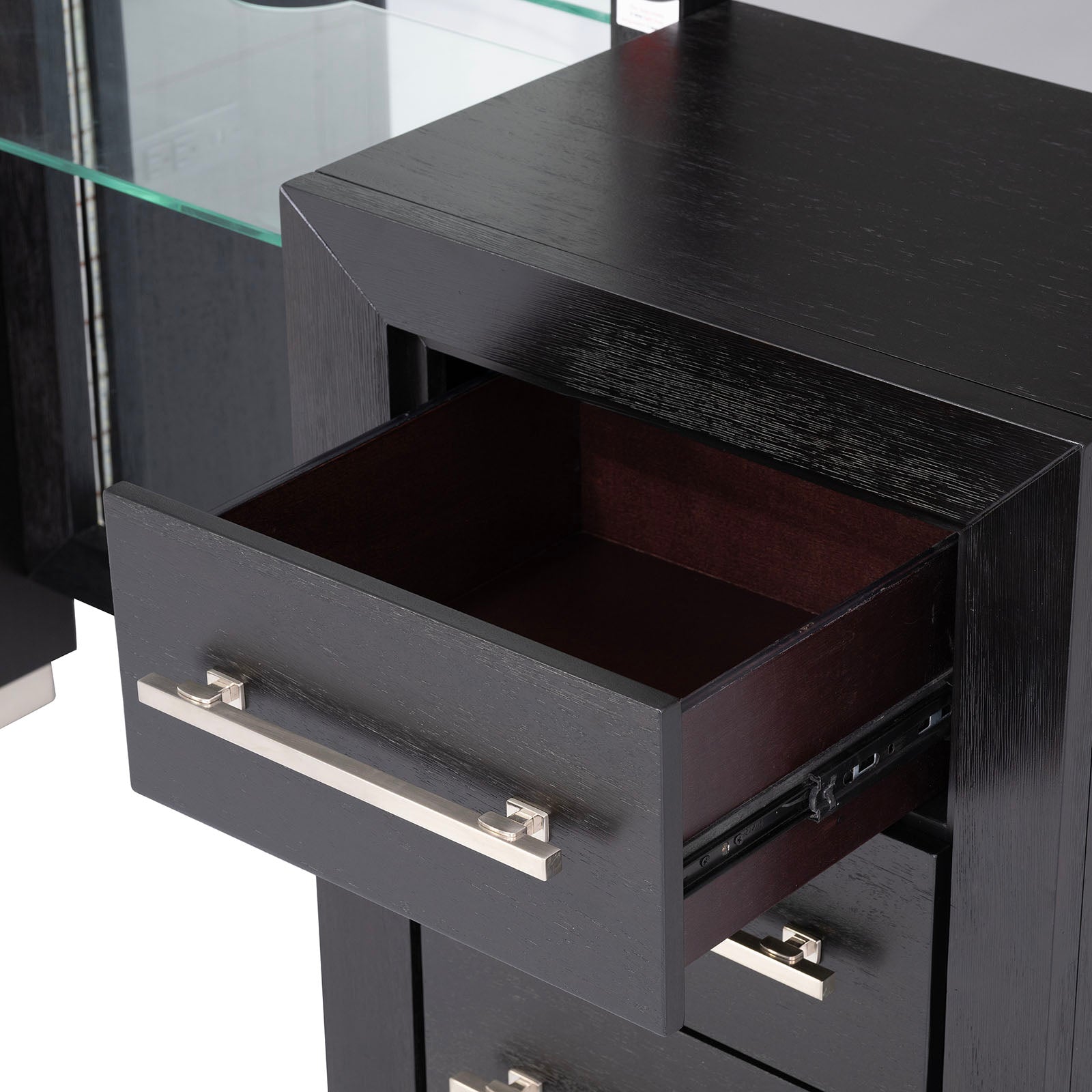 Contemporary Style 1pc Vanity w/ Stool Metal Legs USB Port Ball Bearing Glides Glass Top Full Length Mirror Black Finish Bedroom Furniture