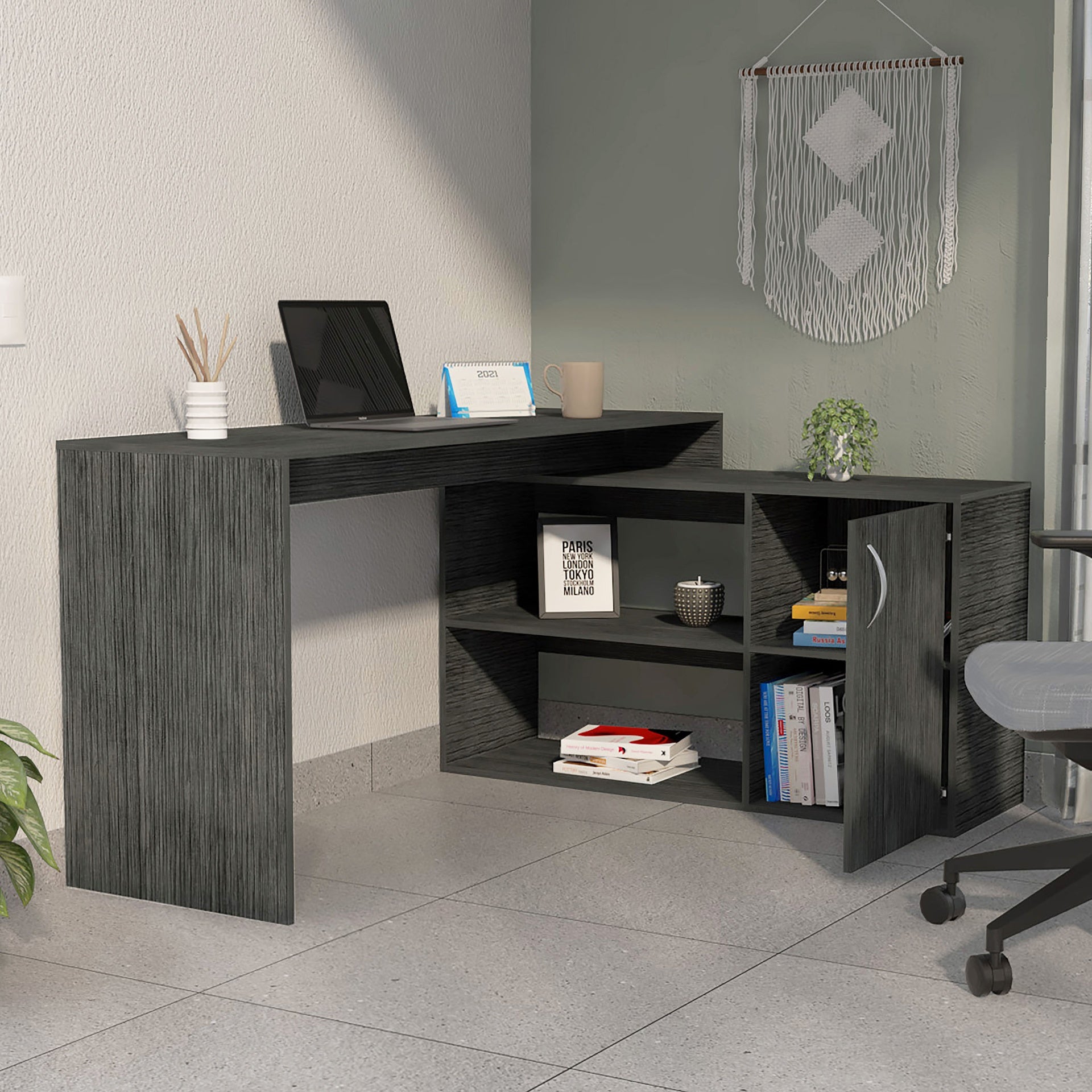 Smokey Oak 2-Shelf L-Shaped Office Desk