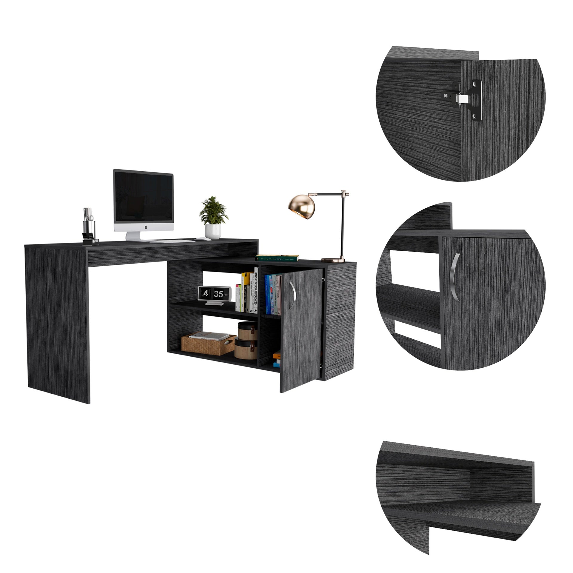 Smokey Oak 2-Shelf L-Shaped Office Desk