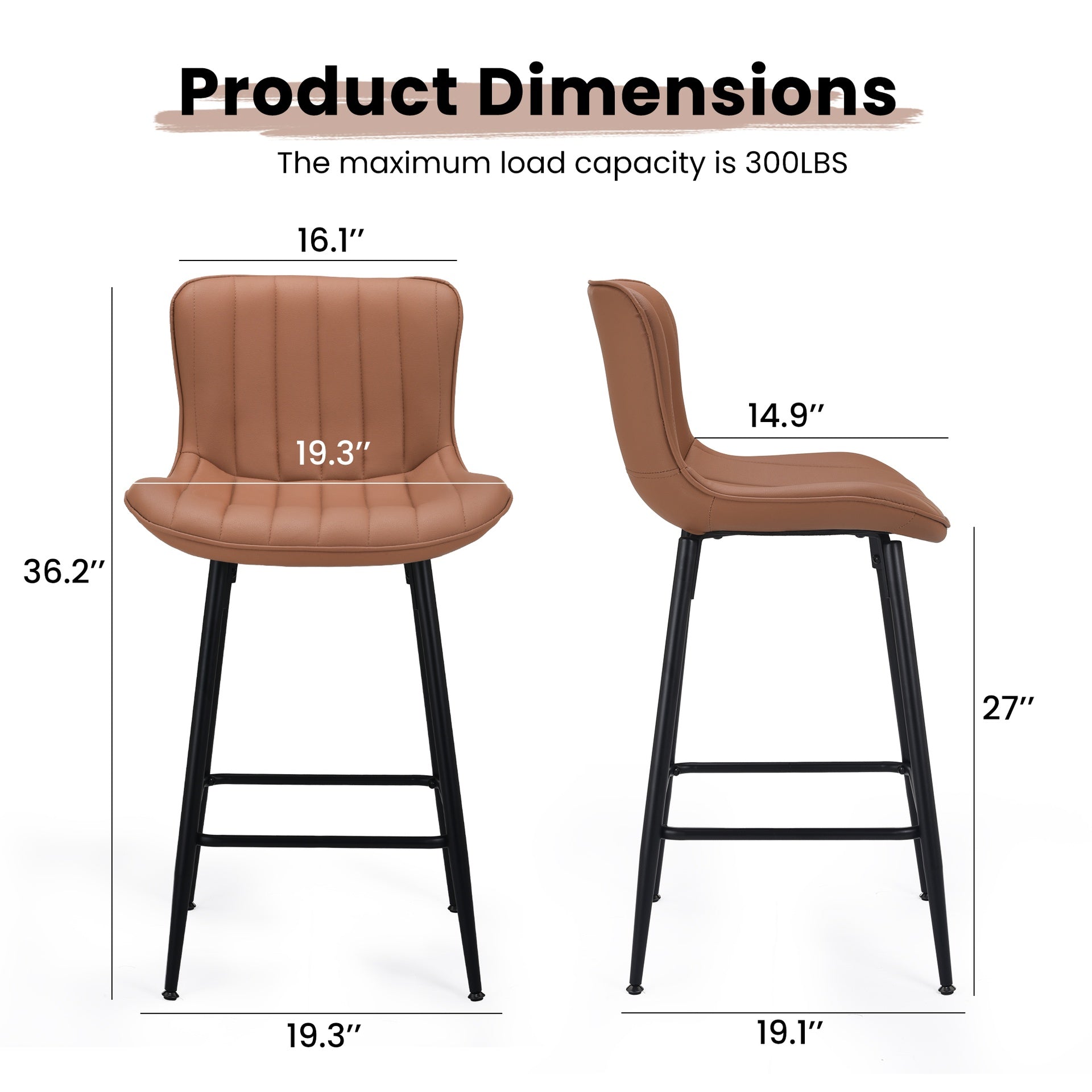 Counter Stools Set of 2, Faux Leather Kitchen & Dining Room Chairs for Dining Room, Counter Height Bar Stools,Mid Century Modern Dining Table Chairs with Metal Legs, Brown