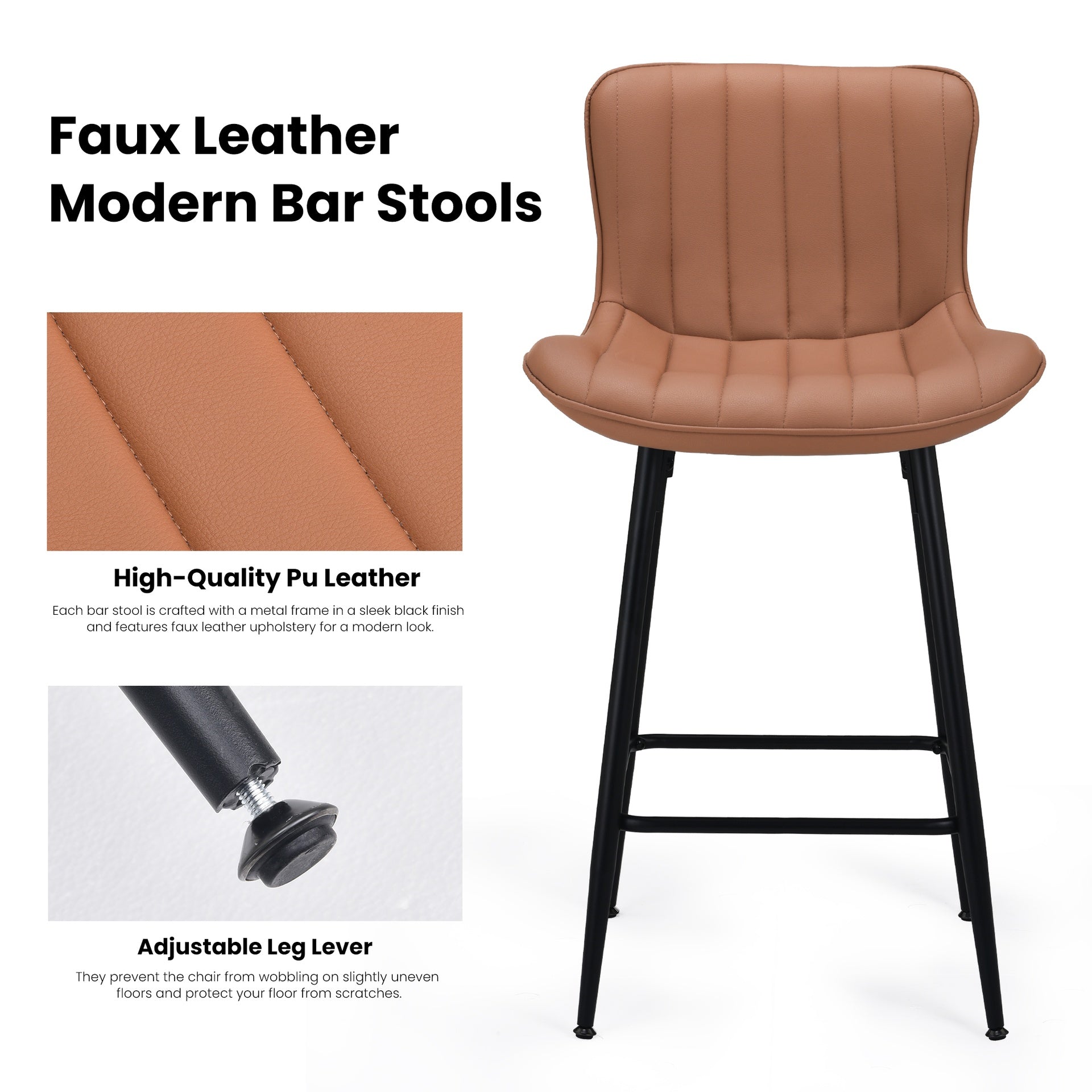 Counter Stools Set of 2, Faux Leather Kitchen & Dining Room Chairs for Dining Room, Counter Height Bar Stools,Mid Century Modern Dining Table Chairs with Metal Legs, Brown