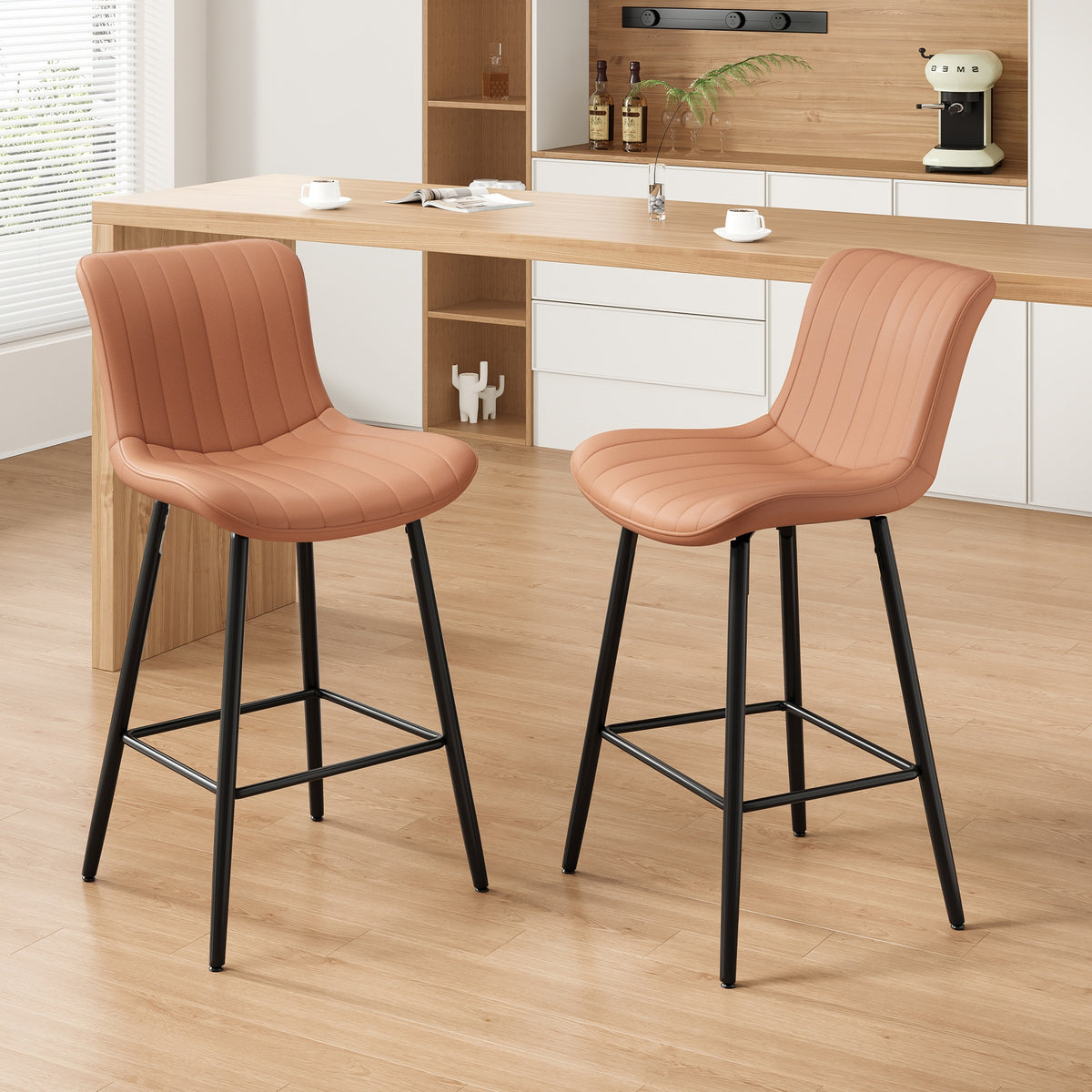 Counter Stools Set of 2, Faux Leather Kitchen & Dining Room Chairs for Dining Room, Counter Height Bar Stools,Mid Century Modern Dining Table Chairs with Metal Legs, Brown