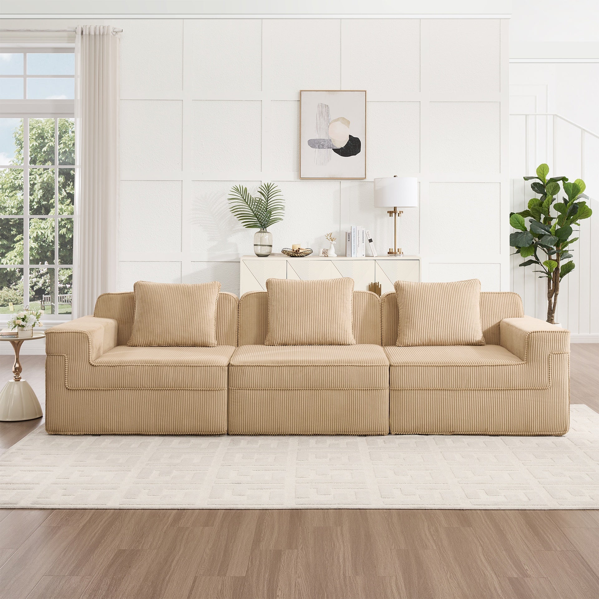 Modular 3 Seat Boneless Sofa, Cloud Sectional Couch with Deep Seat, Modern Modular 3-Seat Sofa Couch with Throw Pillows Corduroy Fabric Camel