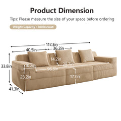 Modular 3 Seat Boneless Sofa, Cloud Sectional Couch with Deep Seat, Modern Modular 3-Seat Sofa Couch with Throw Pillows Corduroy Fabric Camel