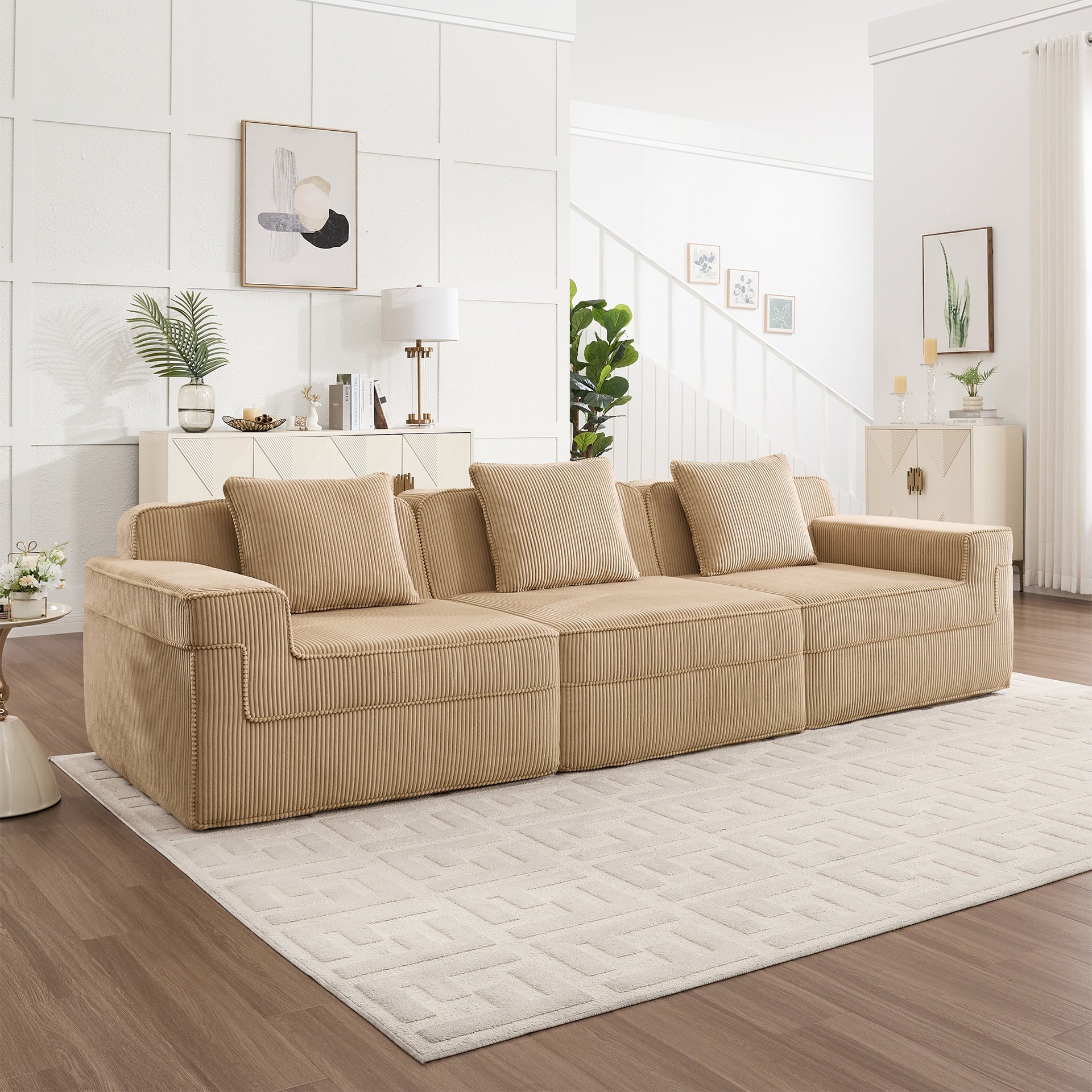Modular 3 Seat Boneless Sofa, Cloud Sectional Couch with Deep Seat, Modern Modular 3-Seat Sofa Couch with Throw Pillows Corduroy Fabric Camel