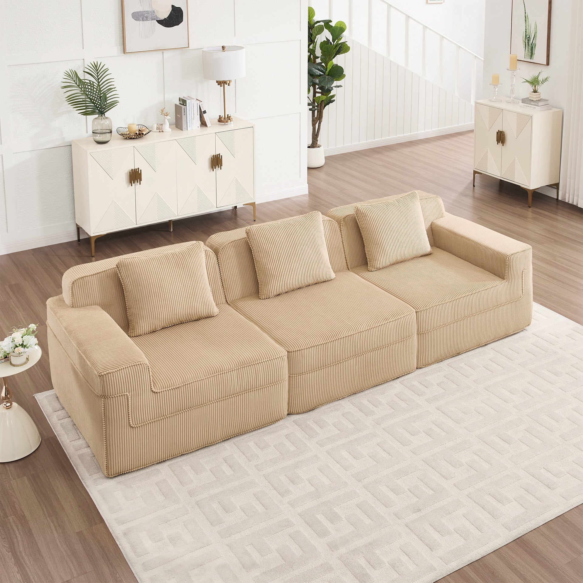 Modular 3 Seat Boneless Sofa, Cloud Sectional Couch with Deep Seat, Modern Modular 3-Seat Sofa Couch with Throw Pillows Corduroy Fabric Camel