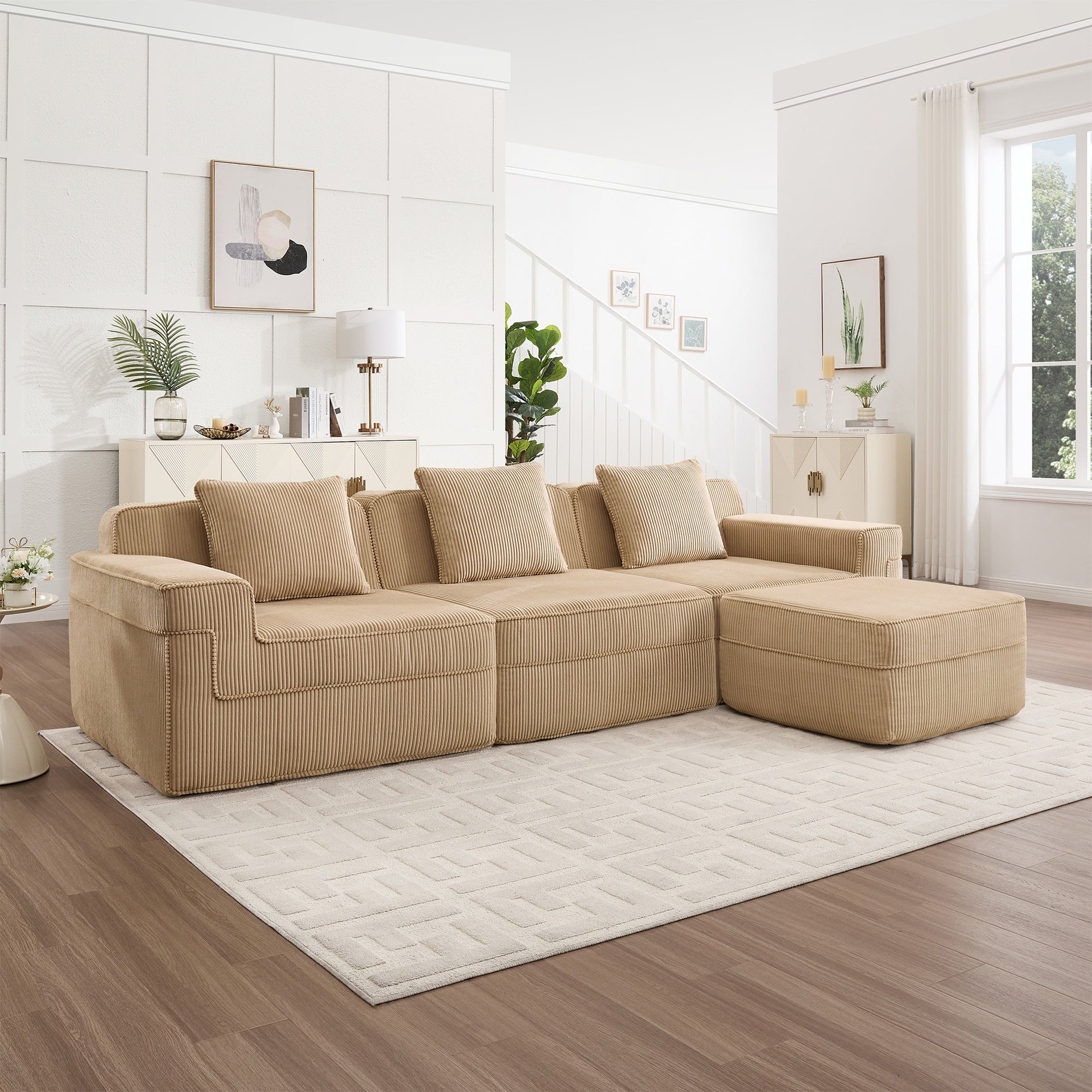 Modular 3 Seat L Shape Sectional Boneless Sofa, Cloud Sectional Couch with Deep Seat, Modern Modular 3-Seat Sofa Couch with Throw Pillows and 1 Movable Ottoman, Corduroy Fabric Camel