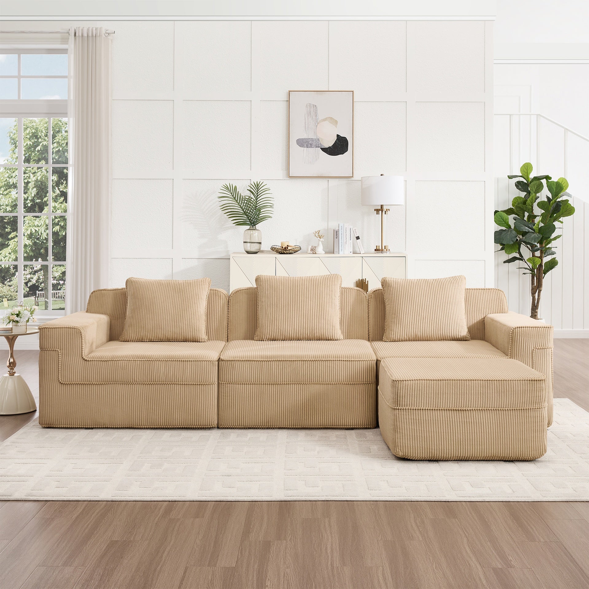 Modular 3 Seat L Shape Sectional Boneless Sofa, Cloud Sectional Couch with Deep Seat, Modern Modular 3-Seat Sofa Couch with Throw Pillows and 1 Movable Ottoman, Corduroy Fabric Camel