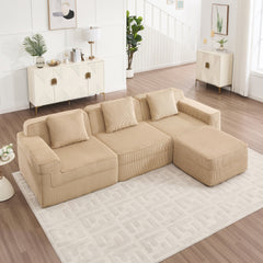 Modular 3 Seat L Shape Sectional Boneless Sofa, Cloud Sectional Couch with Deep Seat, Modern Modular 3-Seat Sofa Couch with Throw Pillows and 1 Movable Ottoman, Corduroy Fabric Camel