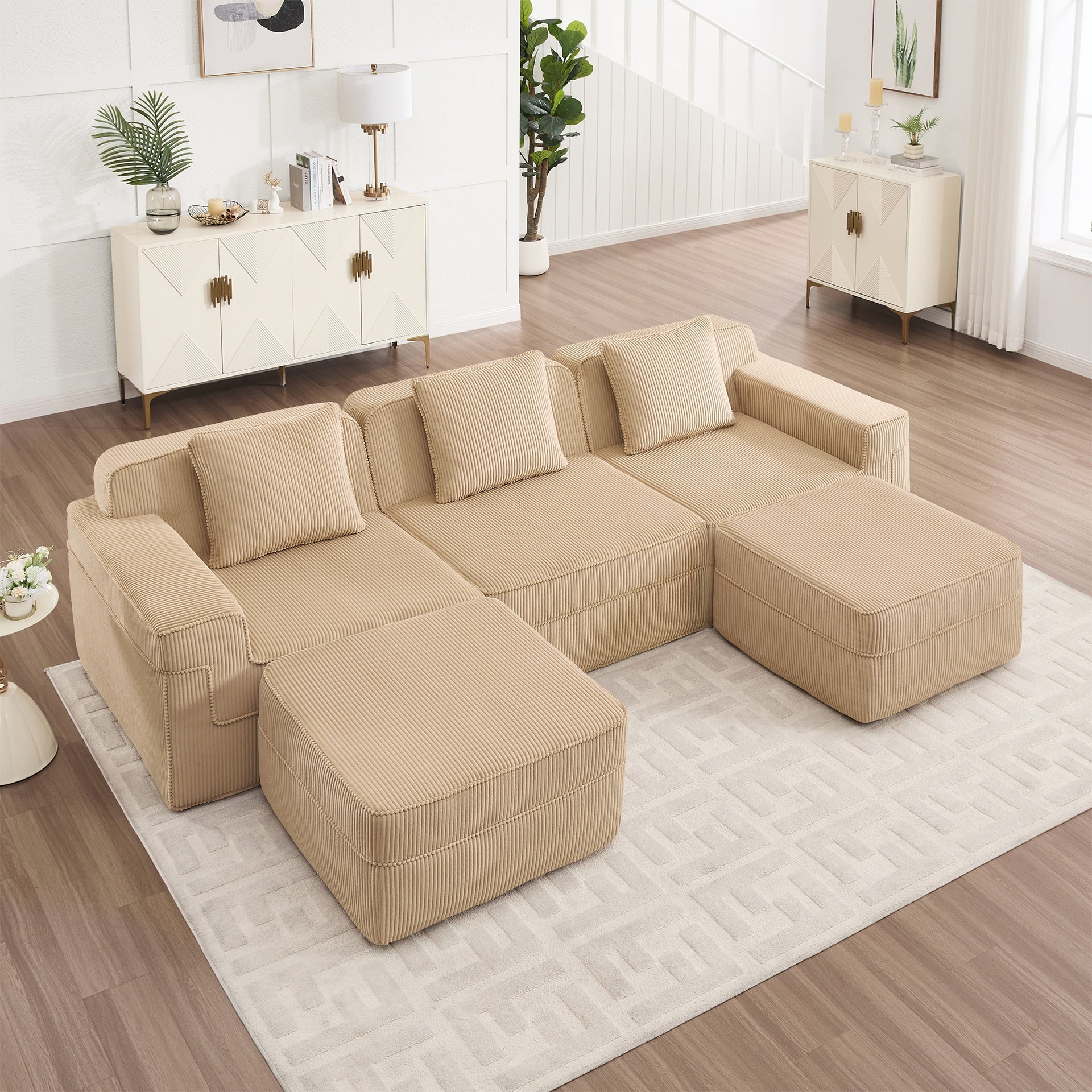 Modular 3 Seat U Shape Sectional Boneless Sofa, Cloud Sectional Couch with Deep Seat, Modern Modular 3-Seat Sofa Couch with Throw Pillows and 2 Movable Ottomans, Corduroy Fabric Camel